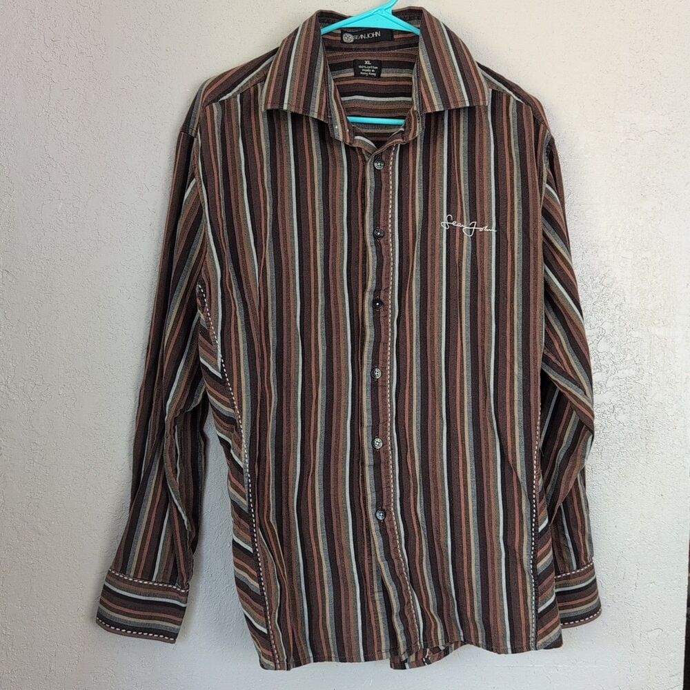 Striped Long Sleeve Button Up Shirt XL Brown Green Gray Goblin Indie Sleaze Boho